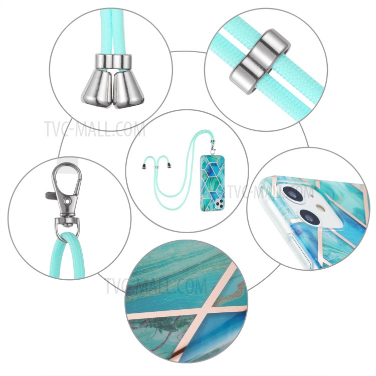 Marble Pattern 2.0mm IMD Electroplating Phone Shell Splicing TPU Case with Lanyard for Samsung Galaxy A72 4G/5G - Green-5