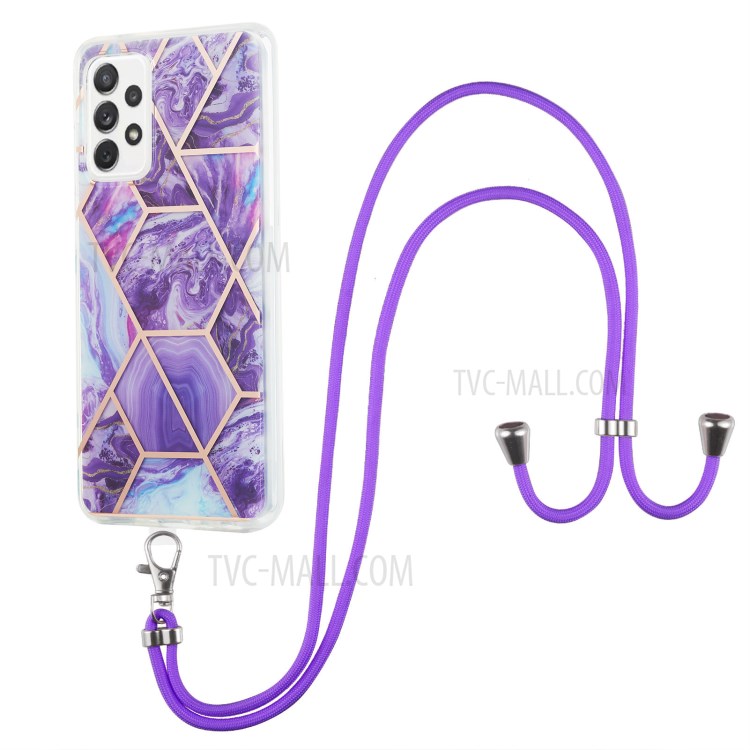 Marble Pattern 2.0mm IMD Electroplating Phone Shell Splicing TPU Case with Lanyard for Samsung Galaxy A72 4G/5G - Dark Purple-1