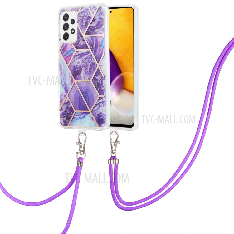 Marble Pattern 2.0mm IMD Electroplating Phone Shell Splicing TPU Case with Lanyard for Samsung Galaxy A72 4G/5G - Dark Purple-2