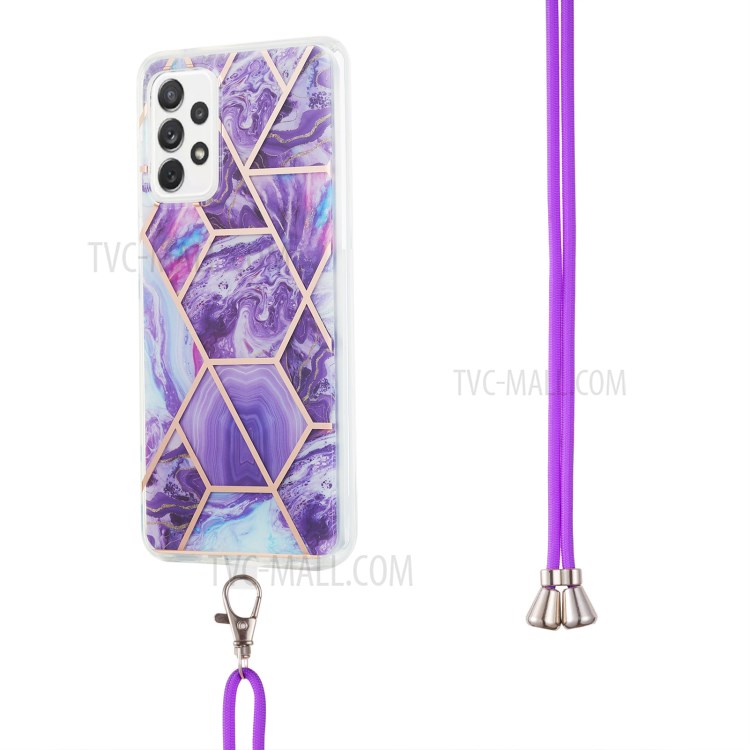 Marble Pattern 2.0mm IMD Electroplating Phone Shell Splicing TPU Case with Lanyard for Samsung Galaxy A72 4G/5G - Dark Purple-3