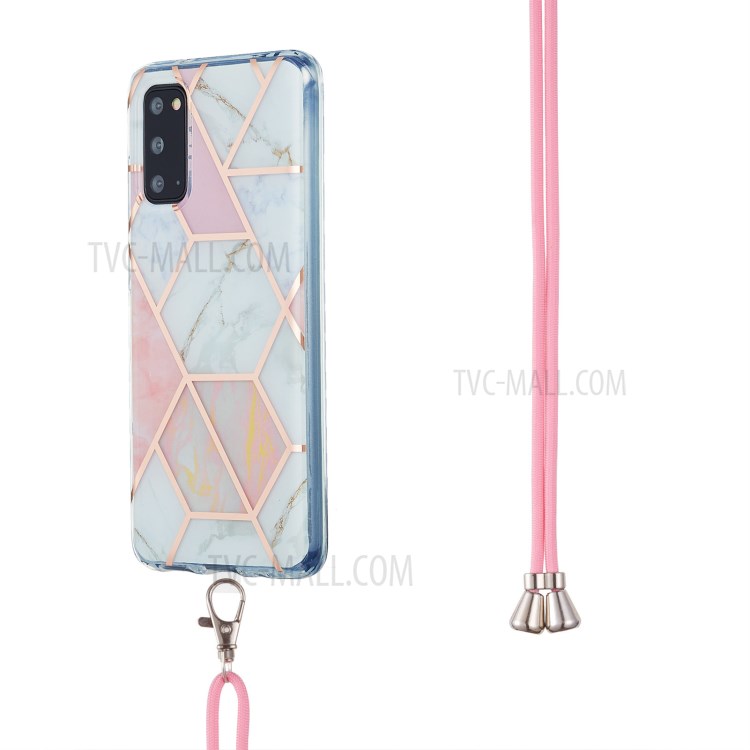 2.0mm IMD Electroplating Marble Pattern Protective Shell Case with Lanyard for Samsung Galaxy S20 - Pink/White-3