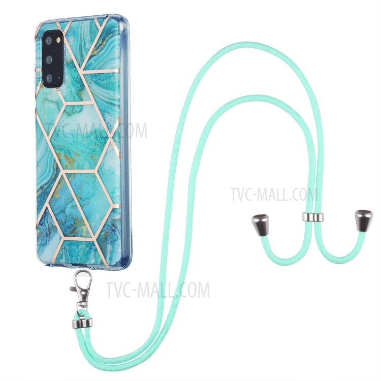 2.0mm IMD Electroplating Marble Pattern Protective Shell Case with Lanyard for Samsung Galaxy S20 - Blue-1