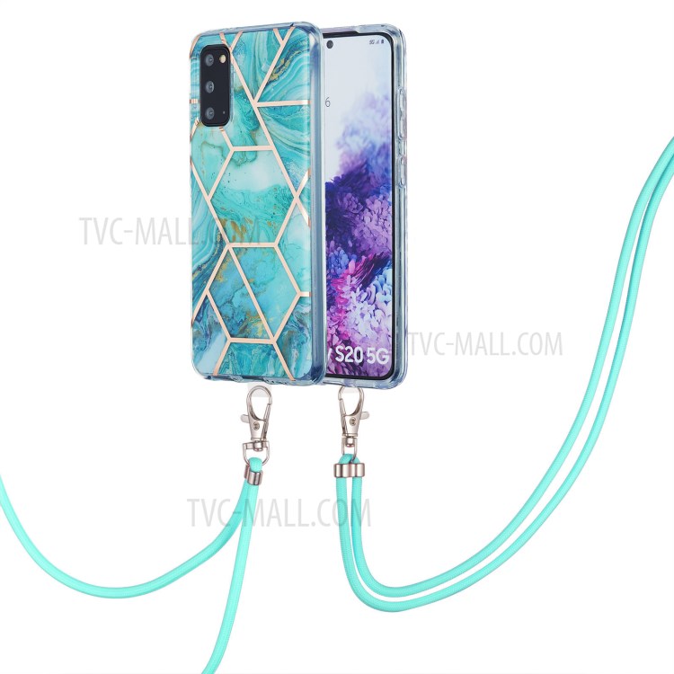 2.0mm IMD Electroplating Marble Pattern Protective Shell Case with Lanyard for Samsung Galaxy S20 - Blue-2