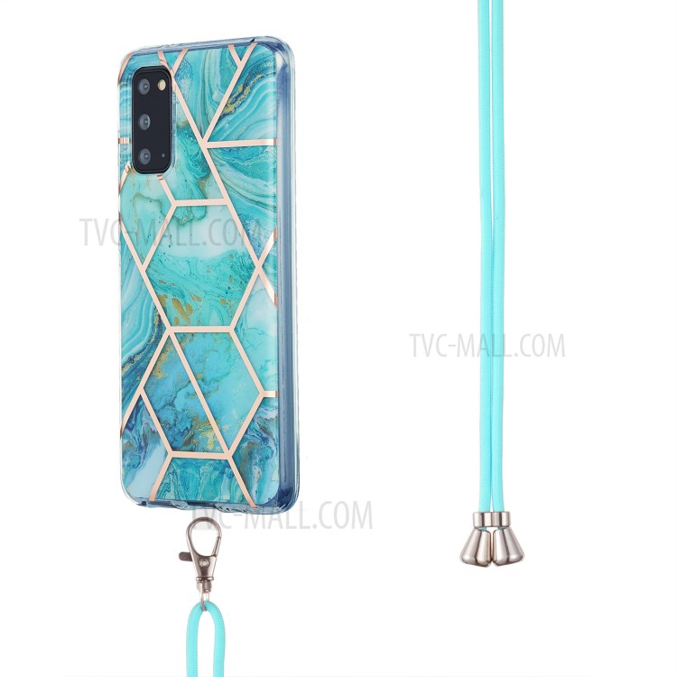 2.0mm IMD Electroplating Marble Pattern Protective Shell Case with Lanyard for Samsung Galaxy S20 - Blue-3
