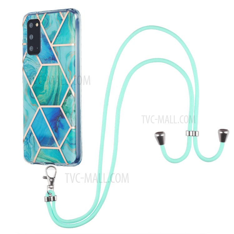 2.0mm IMD Electroplating Marble Pattern Protective Shell Case with Lanyard for Samsung Galaxy S20 - Green-1