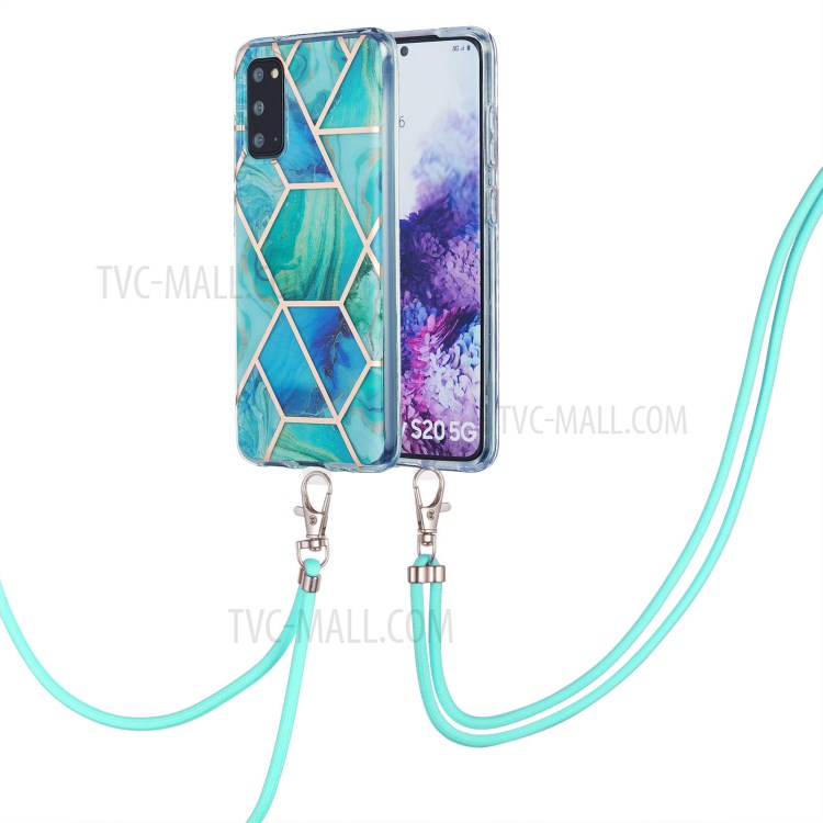 2.0mm IMD Electroplating Marble Pattern Protective Shell Case with Lanyard for Samsung Galaxy S20 - Green-2