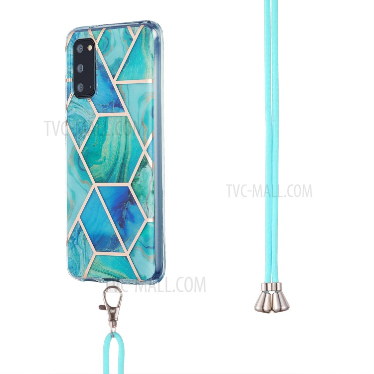 2.0mm IMD Electroplating Marble Pattern Protective Shell Case with Lanyard for Samsung Galaxy S20 - Green-3
