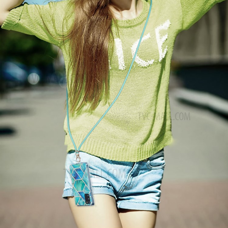 2.0mm IMD Electroplating Marble Pattern Protective Shell Case with Lanyard for Samsung Galaxy S20 - Green-4