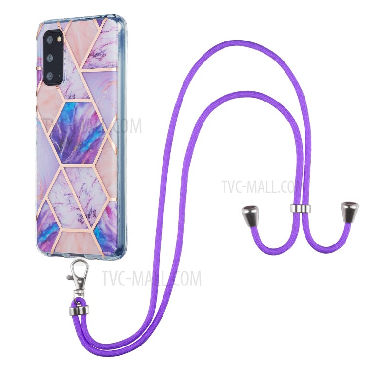 2.0mm IMD Electroplating Marble Pattern Protective Shell Case with Lanyard for Samsung Galaxy S20 - Light Purple-1