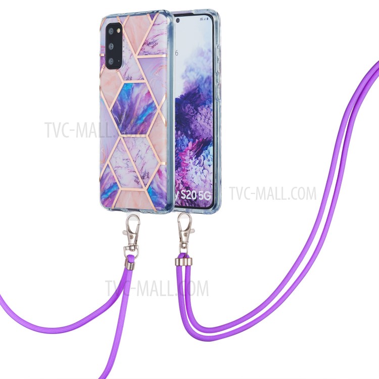 2.0mm IMD Electroplating Marble Pattern Protective Shell Case with Lanyard for Samsung Galaxy S20 - Light Purple-2