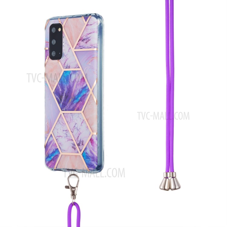2.0mm IMD Electroplating Marble Pattern Protective Shell Case with Lanyard for Samsung Galaxy S20 - Light Purple-3