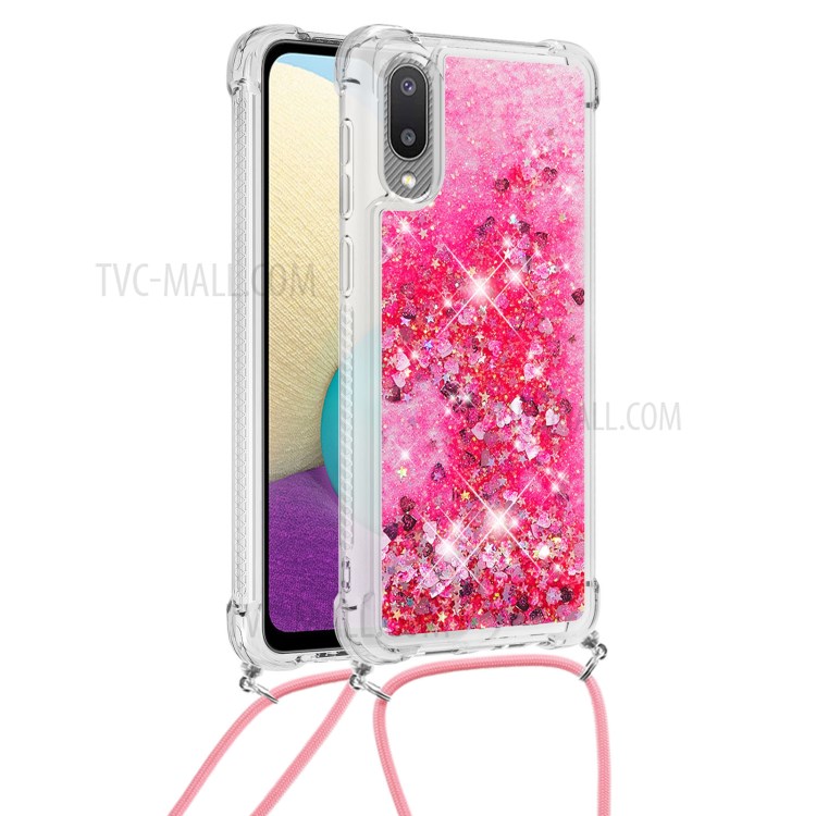 Floating Quicksand Shiny Glitter Mobile Phone TPU Cover with Strap for Samsung Galaxy A02 / M02 - Pink Hearts-1