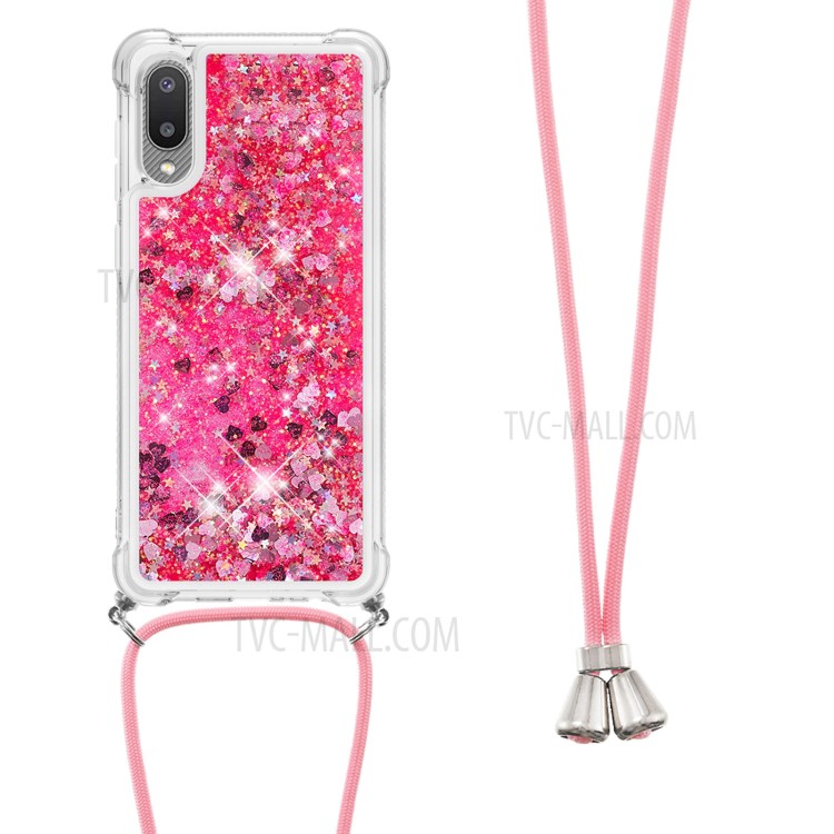 Floating Quicksand Shiny Glitter Mobile Phone TPU Cover with Strap for Samsung Galaxy A02 / M02 - Pink Hearts-2