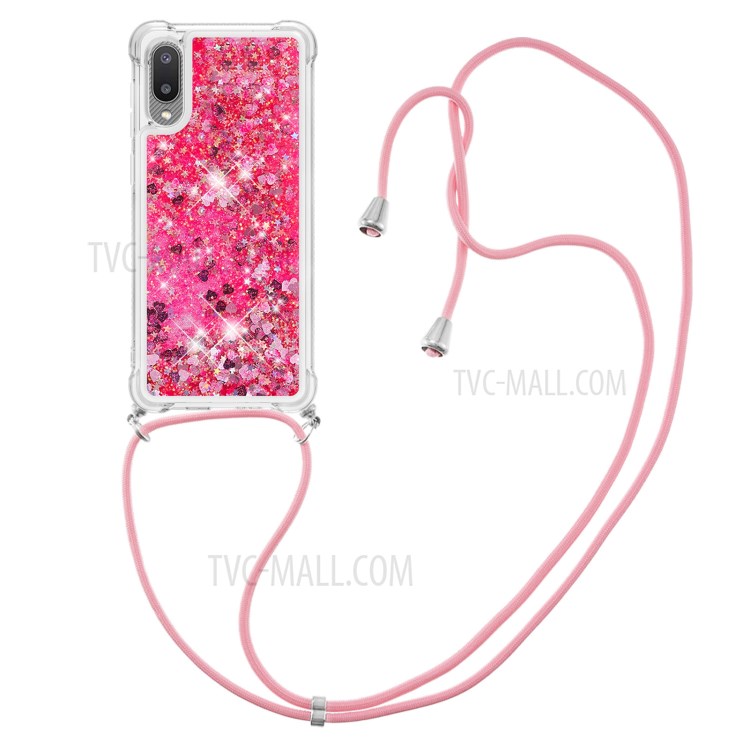 Floating Quicksand Shiny Glitter Mobile Phone TPU Cover with Strap for Samsung Galaxy A02 / M02 - Pink Hearts-3