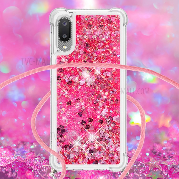 Floating Quicksand Shiny Glitter Mobile Phone TPU Cover with Strap for Samsung Galaxy A02 / M02 - Pink Hearts-4