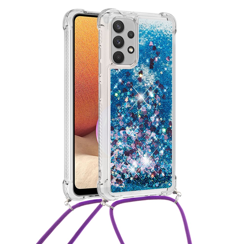 Floating Quicksand Shiny Glitter Mobile Phone TPU Cover with Strap for Samsung Galaxy A32 4G (US Version) - Blue Heart-1