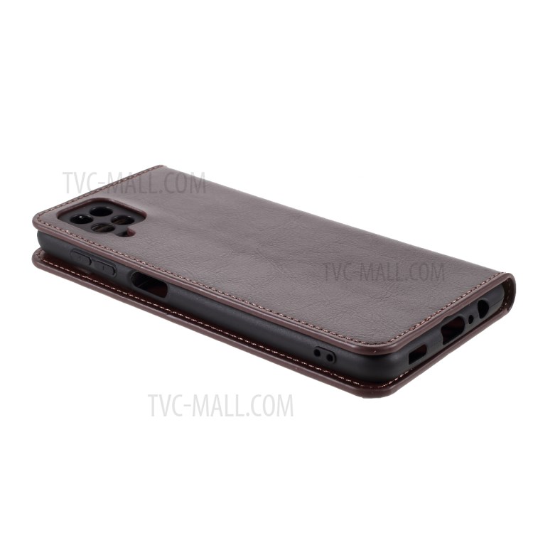 Crazy Horse Auto-absorbed Genuine Leather Wallet Stand Case Shell for Samsung Galaxy A12 - Coffee-3