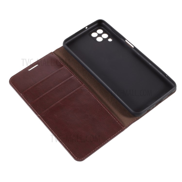 Crazy Horse Auto-absorbed Genuine Leather Wallet Stand Case Shell for Samsung Galaxy A12 - Coffee-5