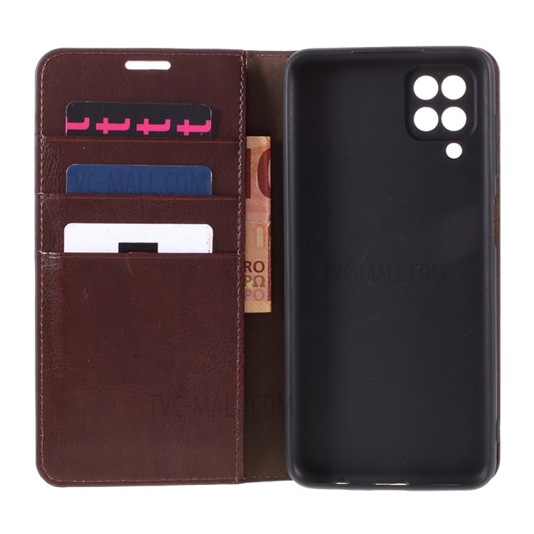 Crazy Horse Auto-absorbed Genuine Leather Wallet Stand Case Shell for Samsung Galaxy A12 - Coffee-6
