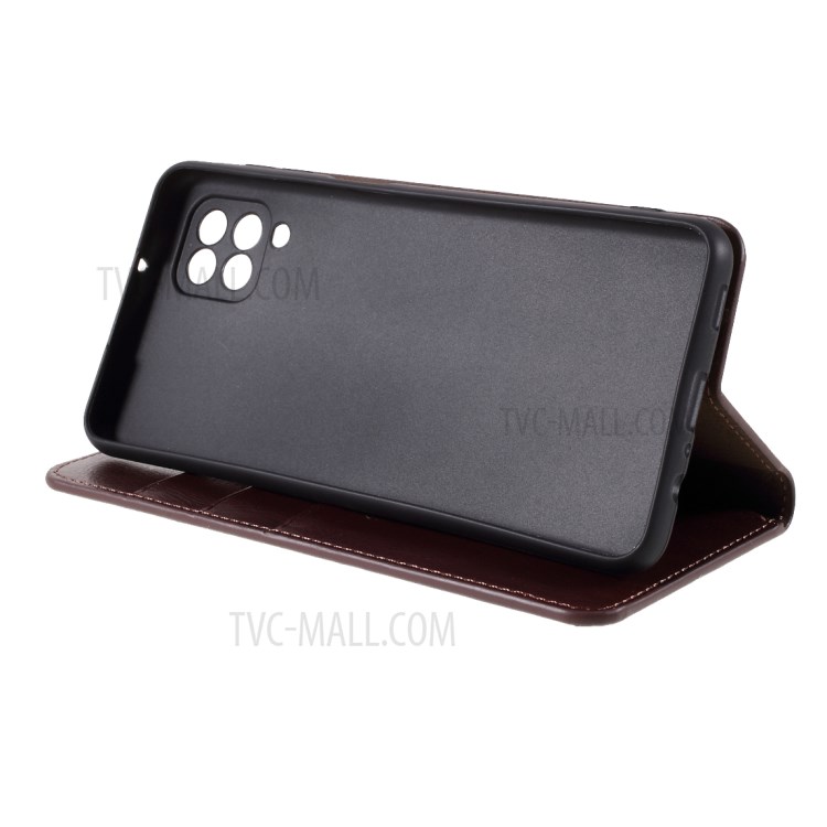 Crazy Horse Auto-absorbed Genuine Leather Wallet Stand Case Shell for Samsung Galaxy A12 - Coffee-7