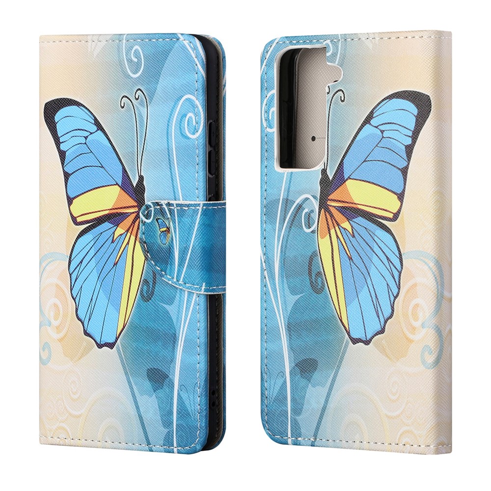 Pattern Printing Cross Texture Leather Wallet Stand Case for Samsung Galaxy S21 FE Cover - Blue Butterfly-1