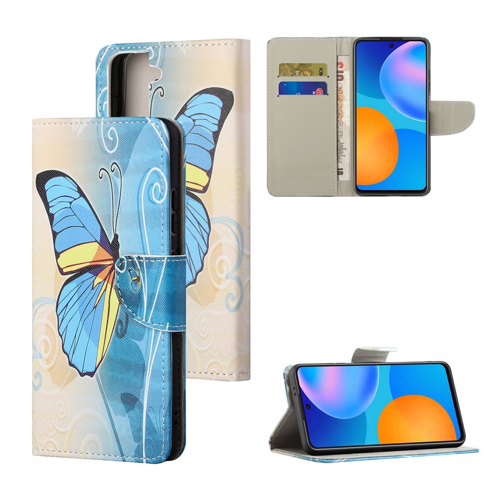 Pattern Printing Cross Texture Leather Wallet Stand Case for Samsung Galaxy S21 FE Cover - Blue Butterfly-6