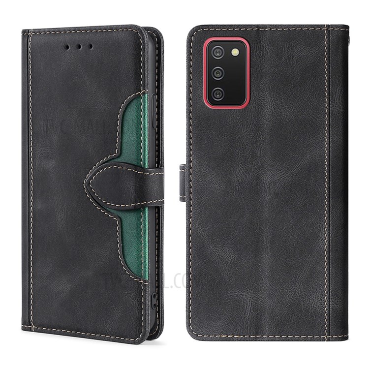 Stylish Contrast Color Skin-Touch Feeling Leather Cell Phone Cover Case for Samsung Galaxy A02s (166.5x75.9x9.2mm) - Black-1
