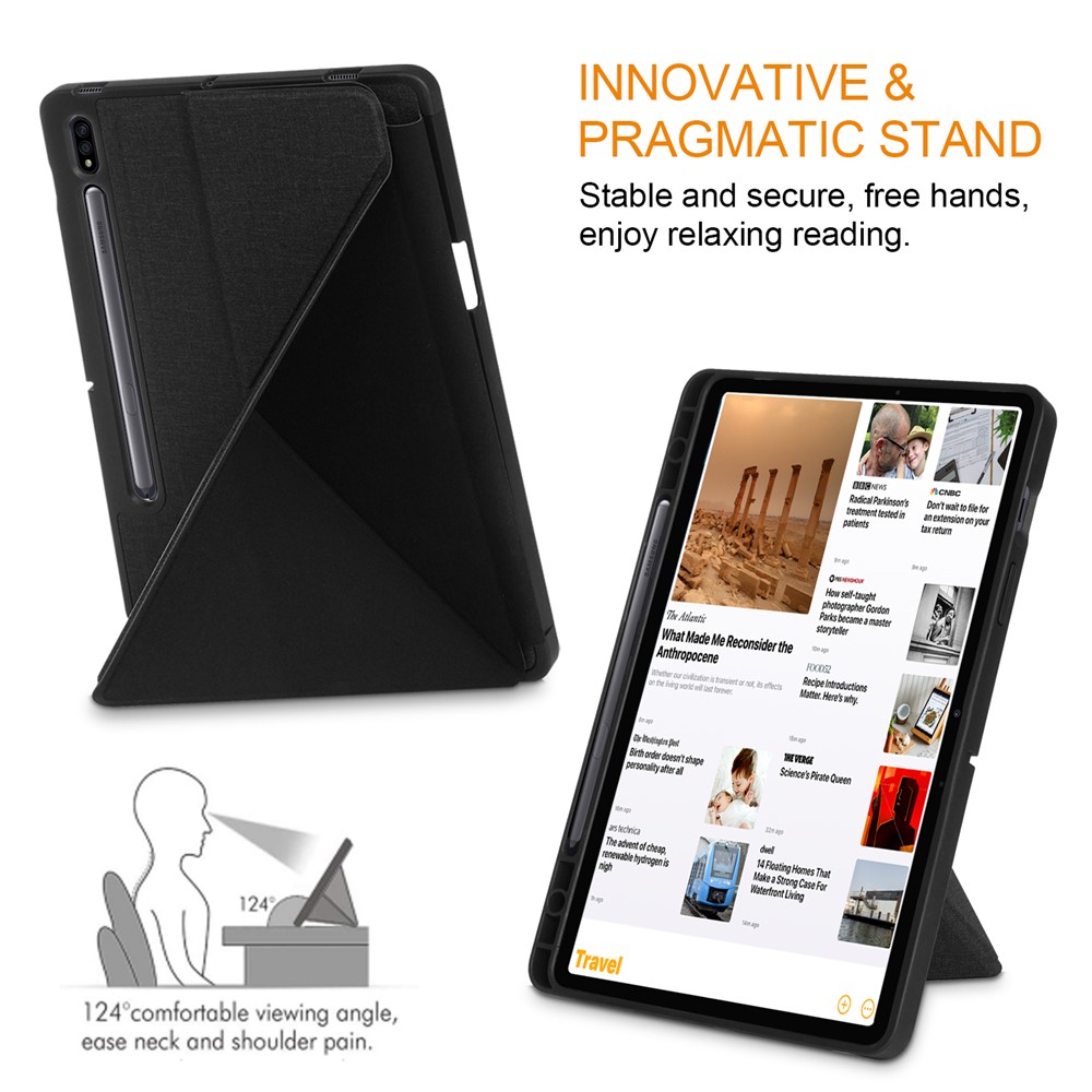 Suporte De Origami Forte Couro Inteligente De Couro Ímã Com Pena Slot Para Samsung Galaxy Tab S7 T870 T875 / Tab S8 - Preto