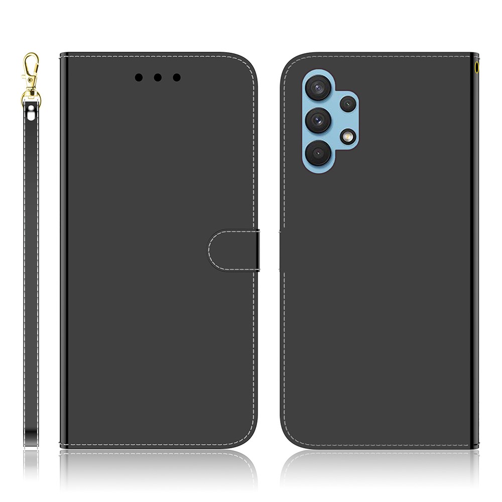 Well-Protected Wallet Stand Design Mirror-like Surface Leather Case with Wrist Strap for Samsung Galaxy A32 4G - Black-1
