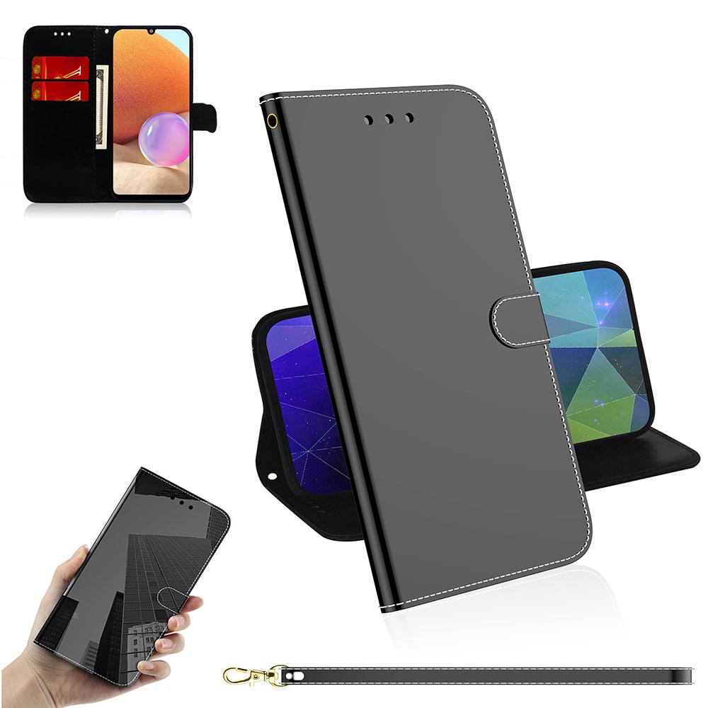 Well-Protected Wallet Stand Design Mirror-like Surface Leather Case with Wrist Strap for Samsung Galaxy A32 4G - Black-11