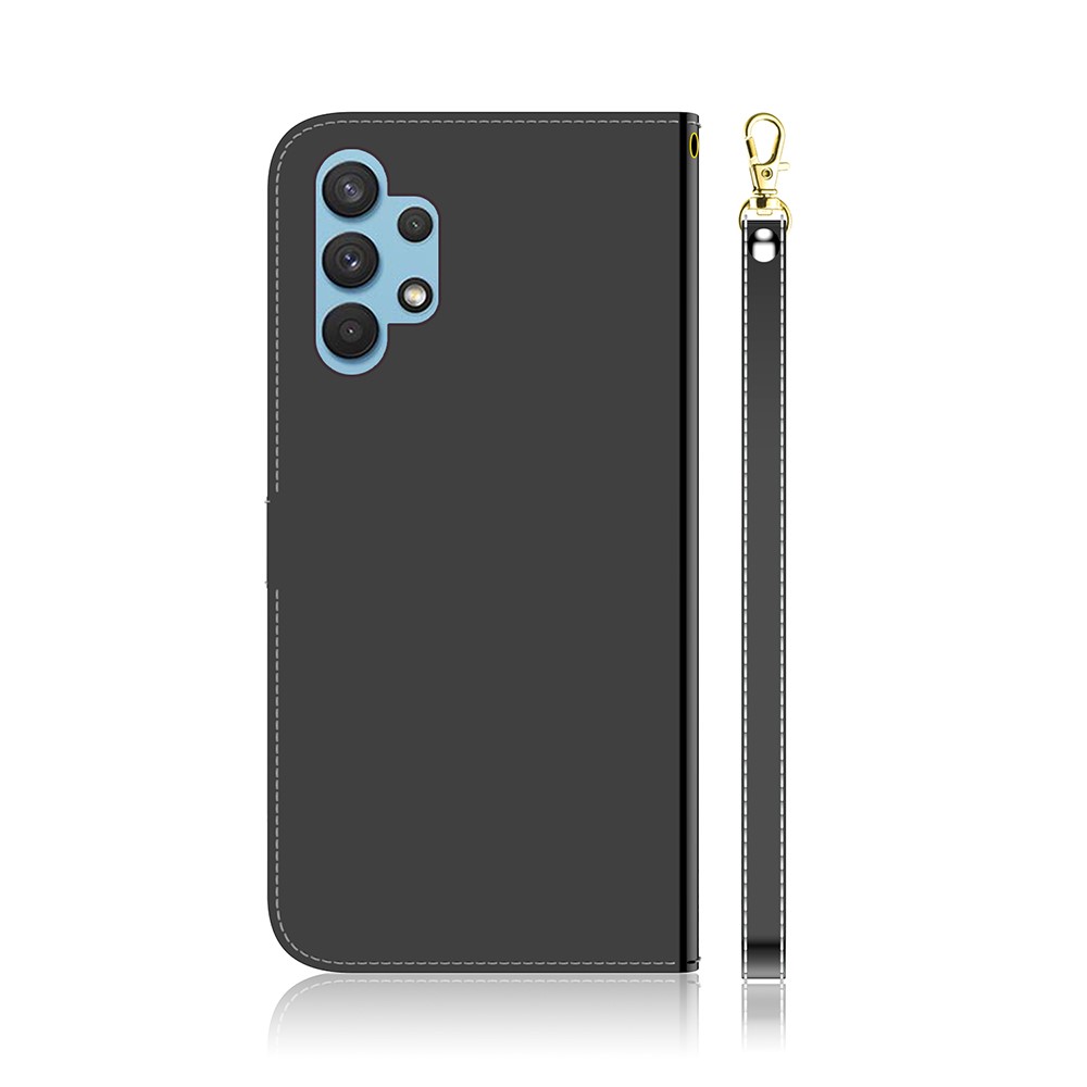 Well-Protected Wallet Stand Design Mirror-like Surface Leather Case with Wrist Strap for Samsung Galaxy A32 4G - Black-3