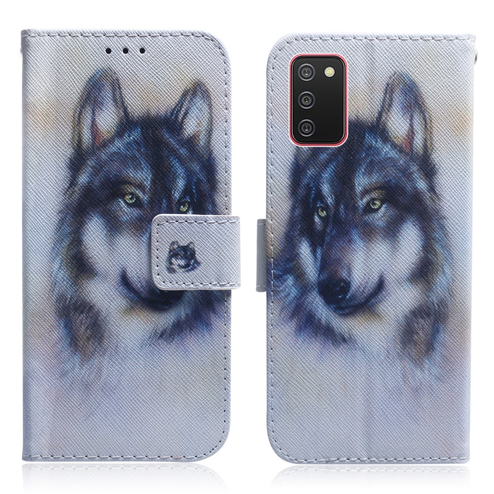 Wallet Design Pattern Printing Leather Protective Stand Shell Case for Samsung Galaxy A02s (164.2x75.9x9.1mm) - Wolf-1