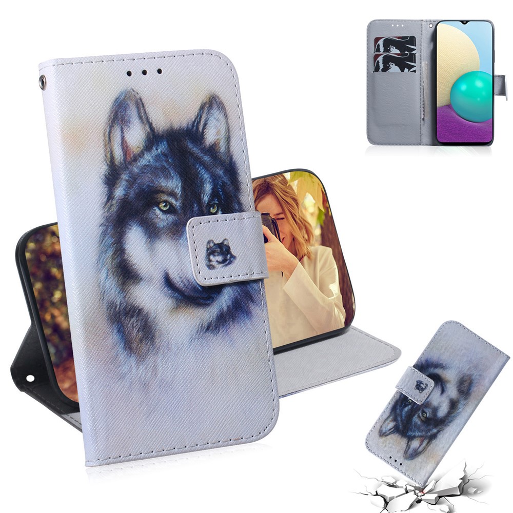 Pattern Printing Wallet Design Leather Protective Shell Case for Samsung Galaxy A02s (166.5x75.9x9.2mm) - Wolf-9