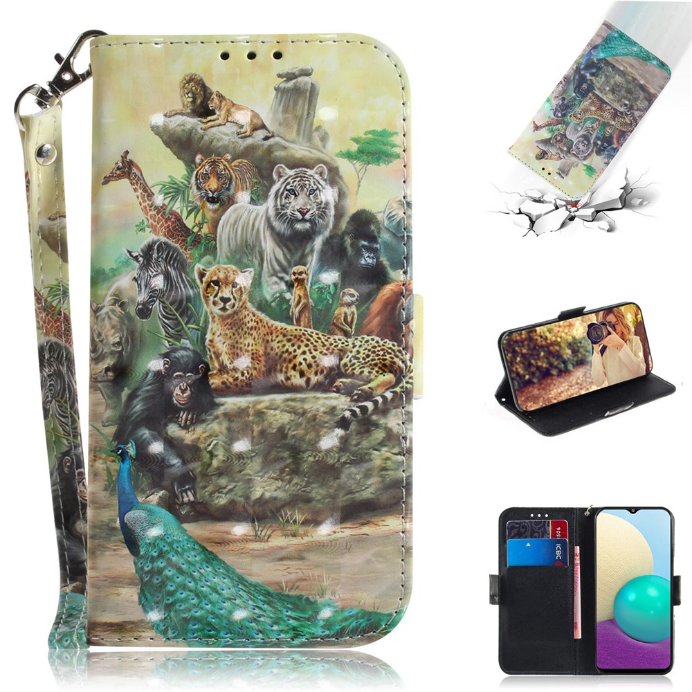 3D Pattern Printing PU Leather Wallet Stand Phone Shell Case for Samsung Galaxy A02s (166.5x75.9x9.2mm) - Animals-7