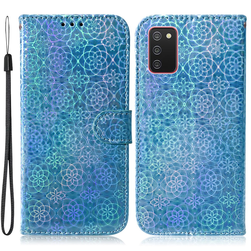 Flower Pattern Leather Stand Wallet Cover Case for Samsung Galaxy A02s (164.2x75.9x9.1mm) - Blue-1