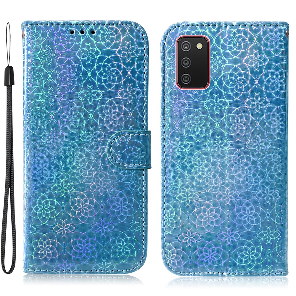 Flower Pattern Leather Stand Wallet Cover Case for Samsung Galaxy A02s (166.5x75.9x9.2mm) - Blue-1