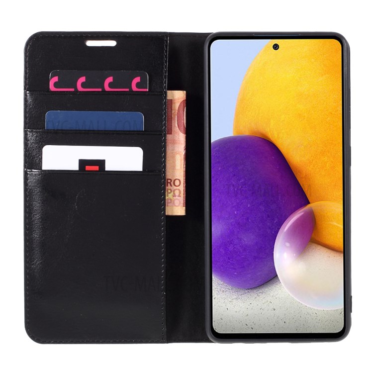 Auto-absorbed Crazy Horse Genuine Leather Wallet Stand Case Shell for Samsung Galaxy A72 4G/5G - Black-5