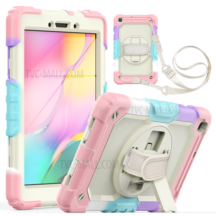 Kickstand PC Silicone Full Body Protection Case with Shoulder Strap for Samsung Galaxy Tab A 8.0 Wi-Fi (2019) T290 / LTE (2019) T295 - Rainbow Pink-1