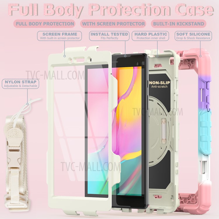 Kickstand PC Silicone Full Body Protection Case with Shoulder Strap for Samsung Galaxy Tab A 8.0 Wi-Fi (2019) T290 / LTE (2019) T295 - Rainbow Pink-3