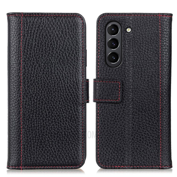 Folio Flip Litchi Texture Leather Contrast Color Design Wallet Leather Phone Case for Samsung Galaxy S21 FE - Black-1