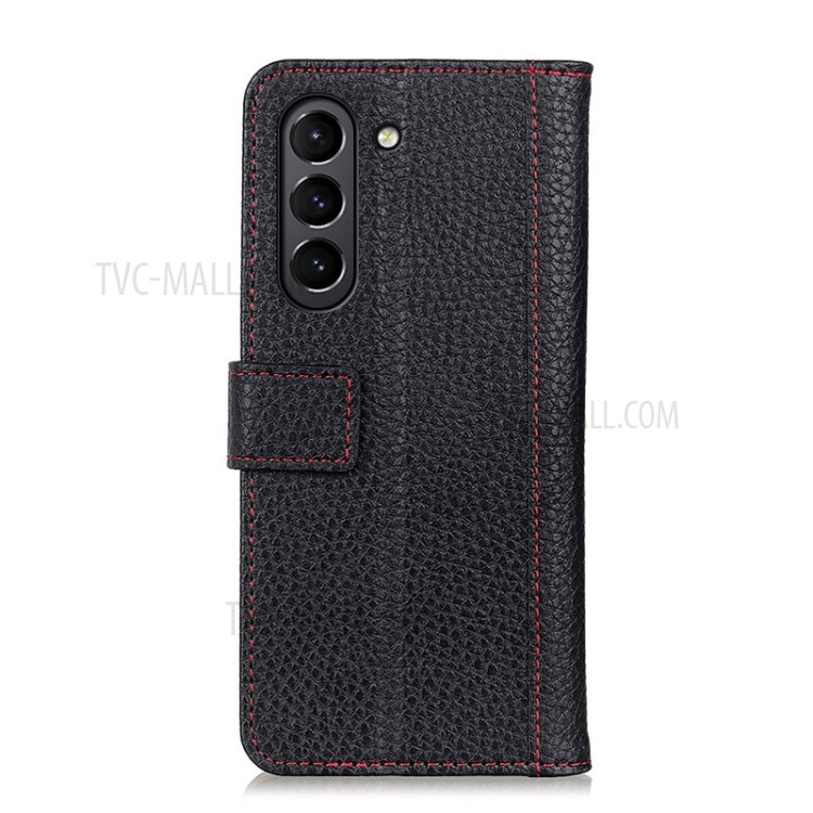 Folio Flip Litchi Texture Leather Contrast Color Design Wallet Leather Phone Case for Samsung Galaxy S21 FE - Black-3