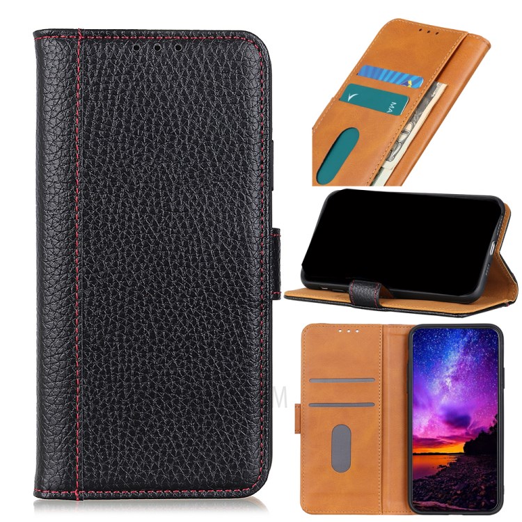 Folio Flip Litchi Texture Leather Contrast Color Design Wallet Leather Phone Case for Samsung Galaxy S21 FE - Black-8