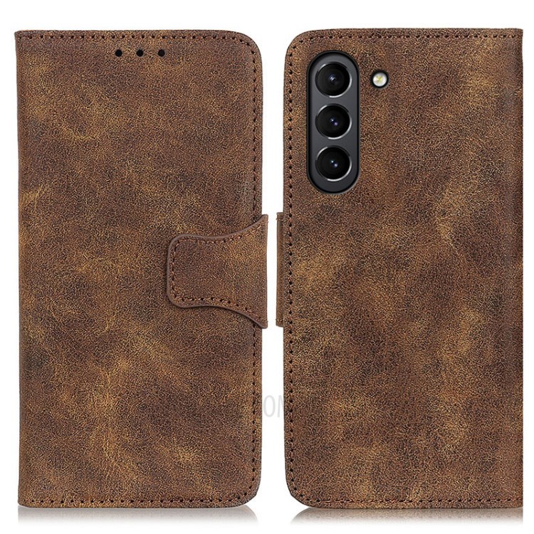 Vintage Style Split Leather Wallet Stand Design Phone Case Shell for Samsung Galaxy S21 FE - Brown-1