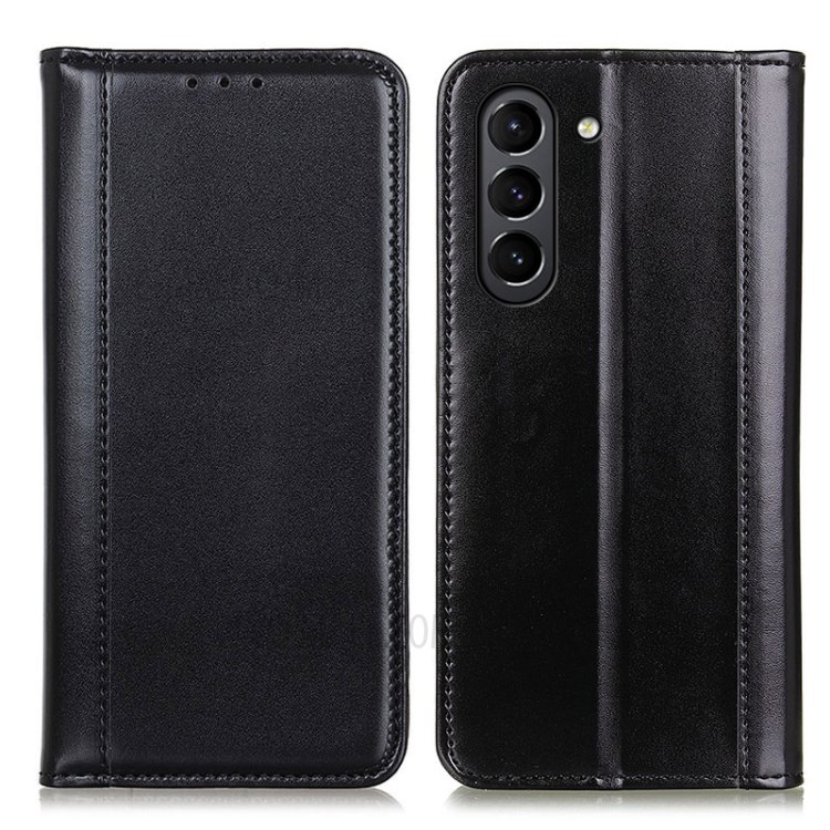Auto-absorbed Split Leather Phone Case Shell Cover Wallet Stand for Samsung Galaxy S21 FE - Black-1