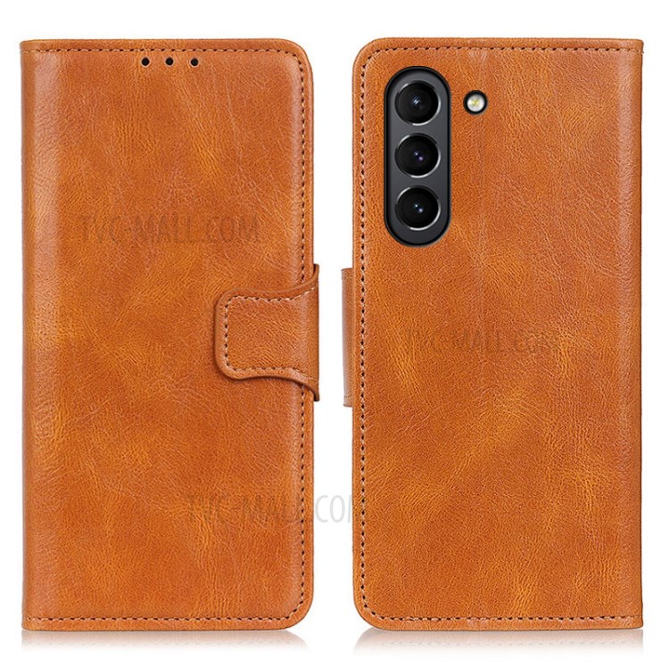 Folio Flip Crazy Horse PU Leather Phone Case Shell Wallet Stand for Samsung Galaxy S21 FE - Brown-1