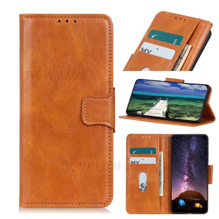 Folio Flip Crazy Horse PU Leather Phone Case Shell Wallet Stand for Samsung Galaxy S21 FE - Brown-9