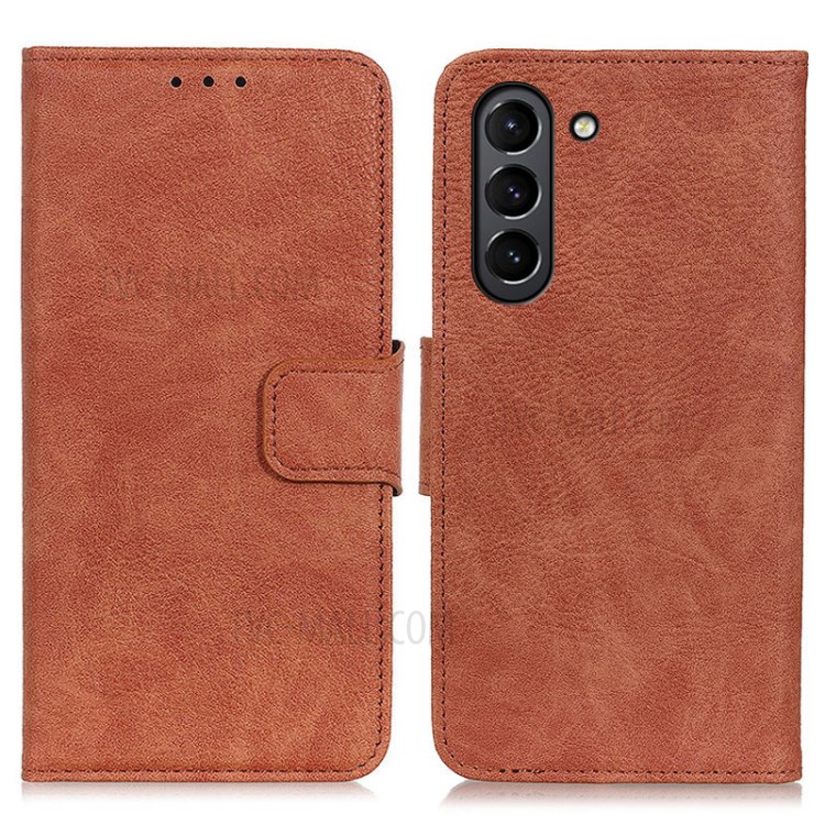 TPU + Litchi Texture PU Leather Phone Stand Cover Wallet Shell for Samsung Galaxy S21 FE - Brown-1