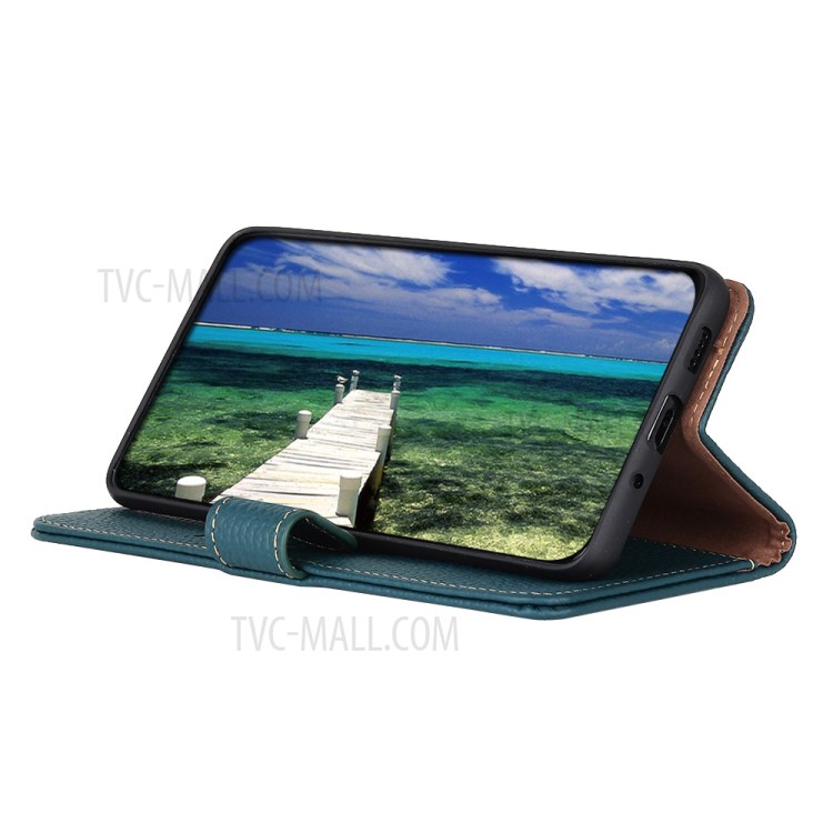 KHAZNEH for Samsung Galaxy S21 FE Wallet Design Litchi Texture Top Layer Genuine Leather Shell Cell Phone Stand Case - Green-4