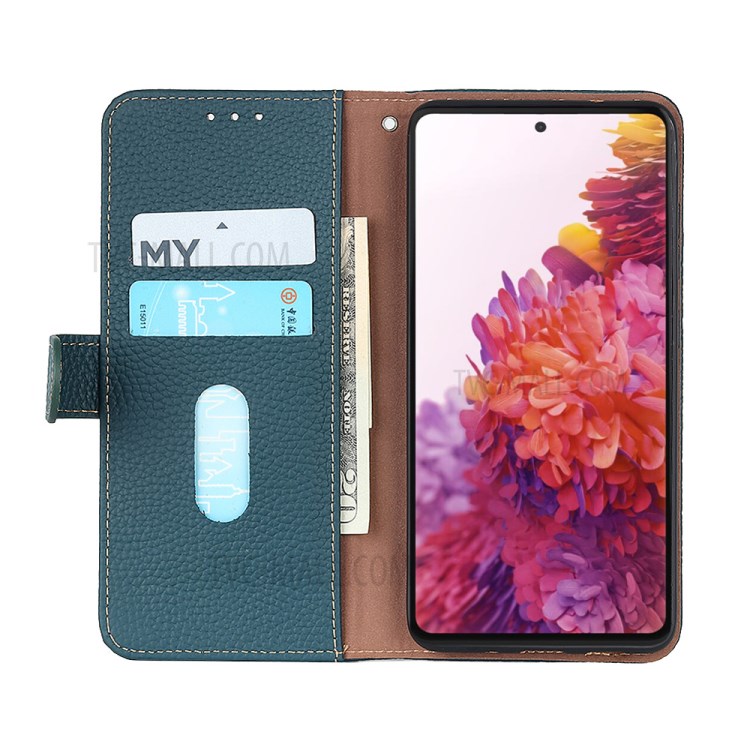 KHAZNEH for Samsung Galaxy S21 FE Wallet Design Litchi Texture Top Layer Genuine Leather Shell Cell Phone Stand Case - Green-5