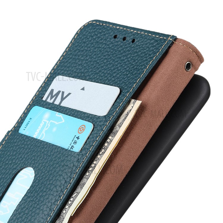 KHAZNEH for Samsung Galaxy S21 FE Wallet Design Litchi Texture Top Layer Genuine Leather Shell Cell Phone Stand Case - Green-6